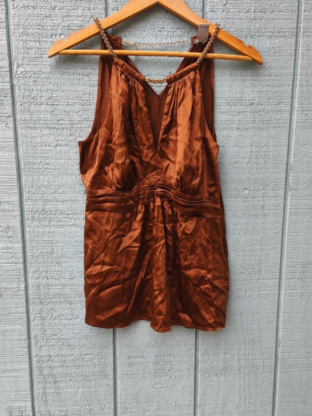 NWOT y2k Cache Silk Stretch Keyhole Chain Empire Waist Top sz S Bronze Lux Glam